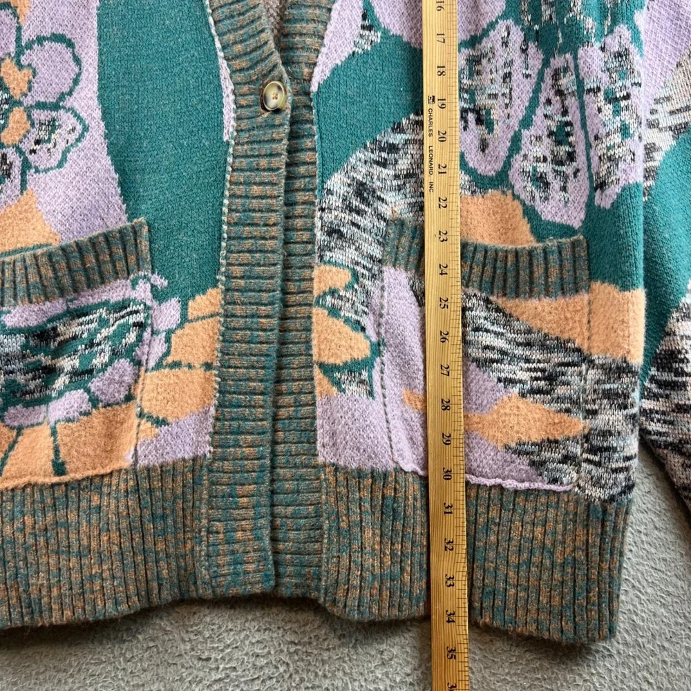 Free People August Floral Intarsia Oversized Cardigan Lavender Teal Peach Large